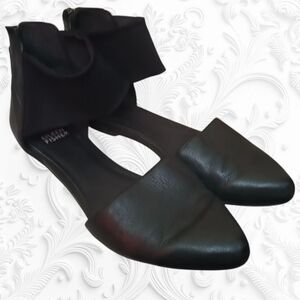 Eileen Fisher Allot Tumbled Ballet Flats Black Leather Mesh Ankle Strap 6.5
